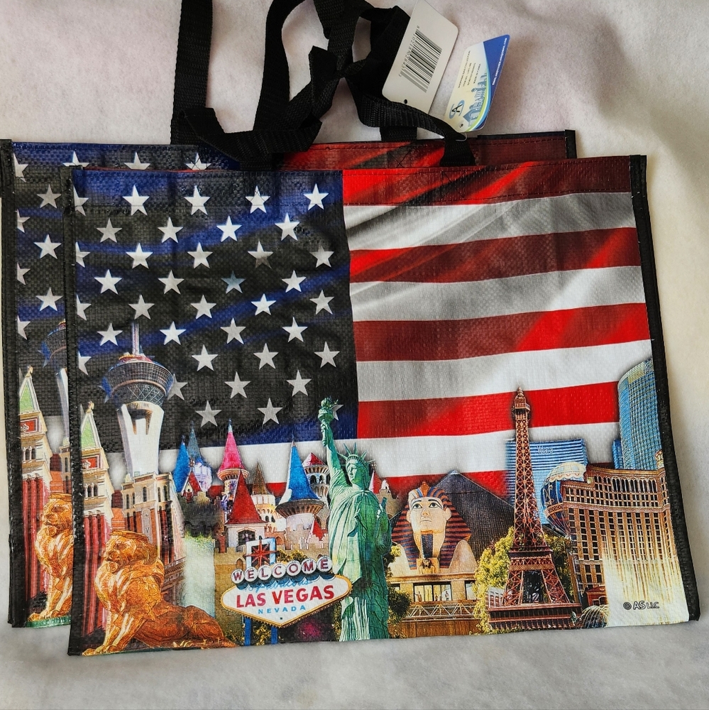 2 Reusable Recycle type Shopping Bags Las Vegas Patriotic themed bags
